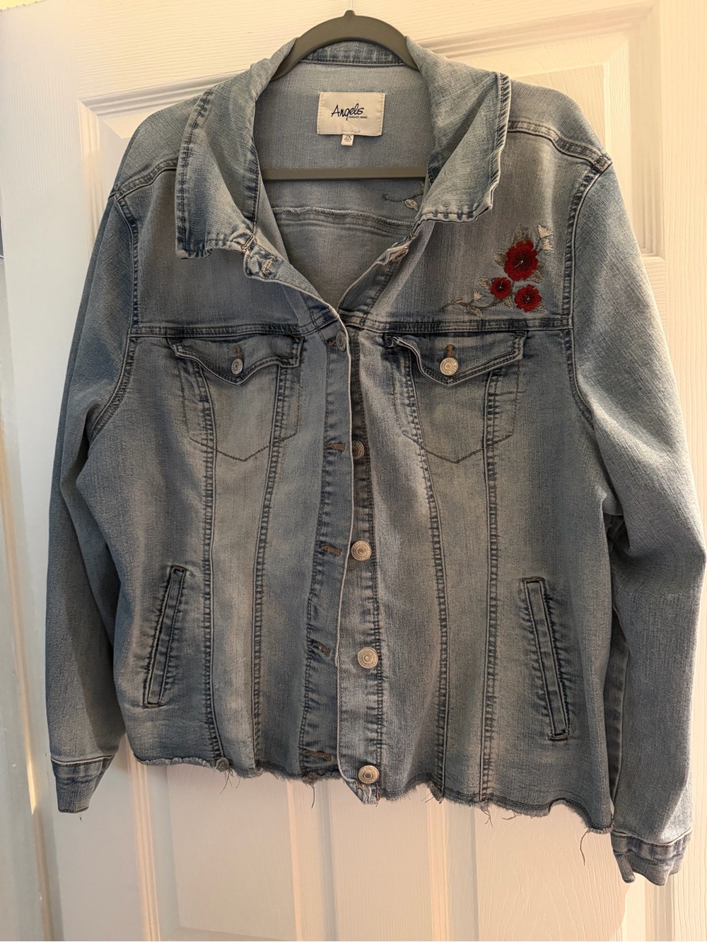 Angels Light Wash Denim Jacket with Red Floral Embroidery